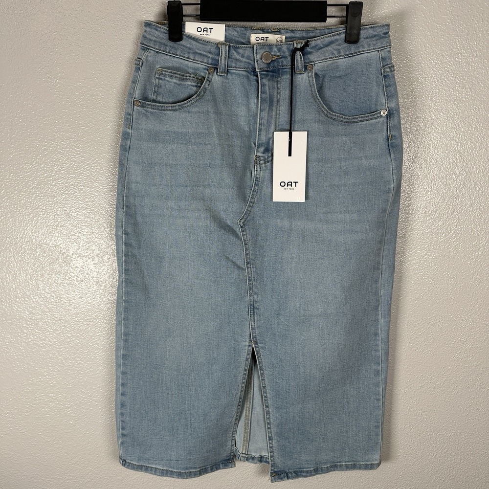 NEW OAT New York Denim Midi Front Slit Skirt Womens‎ Size 6/28 Light Wash